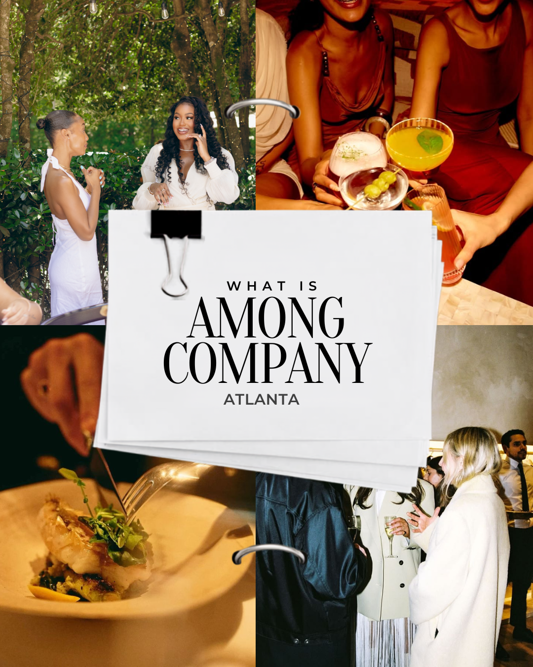 Collage of guests at a garden party, cocktails, a plated dinner and a crowded gallery room